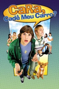 Dois jovens,um confuso com chaves,outro sorrindo. Mulheres e um cão. Cenário vibrante estilo HQ para uma comédia juvenil.