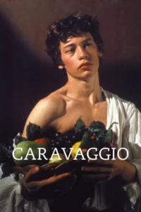 Jovem de cachos,torso nu,segurando cesta de frutas e folhas. Iluminação dramática estilo pintura clássica,fundo escuro.