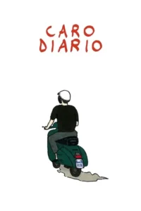 Pôster minimalista:pessoa de capacete branco e camisa preta pilotando uma Vespa verde,vista de costas,em fundo branco.