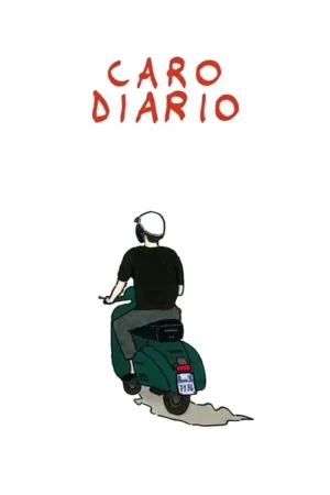 Pôster minimalista: pessoa de capacete branco e camisa preta pilotando uma Vespa verde, vista de costas, em fundo branco.