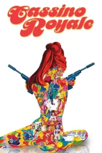 Pôster psicodélico. Silhueta de mulher ruiva com armas,preenchida com cenas vibrantes de cassino,espiões e ação. Fundo branco.