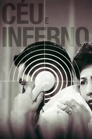 Pôster monocromático: homem ao telefone, mulher angustiada ao lado. Um alvo com anéis concêntricos centraliza a cena, criando suspense e drama.