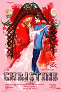 Cartaz romântico. Casal dança: ele em uniforme azul, ela de vestido branco e chapéu, sob arco floral vermelho e rosa.
