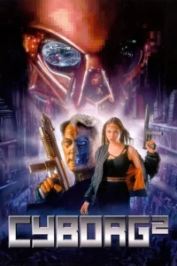 Pôster futurista:rosto robótico gigante,um homem meio ciborgue com rifle e mulher com arma,em cenário urbano sombrio.