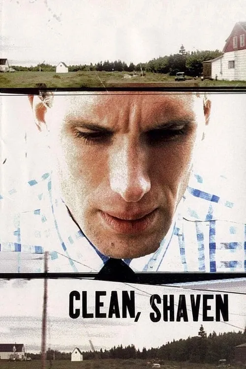 Clean,Shaven 1 Homem com rosto tenso em close central,camisa xadrez. Acima e abaixo,paisagens rurais com campos e casas isoladas. Clima sombrio.