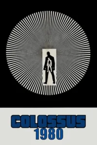 Pôster P&B:Círculo de linhas radiais converge para a silhueta de um homem grande com uma figura menor dentro. Clima sci-fi/psicológico.