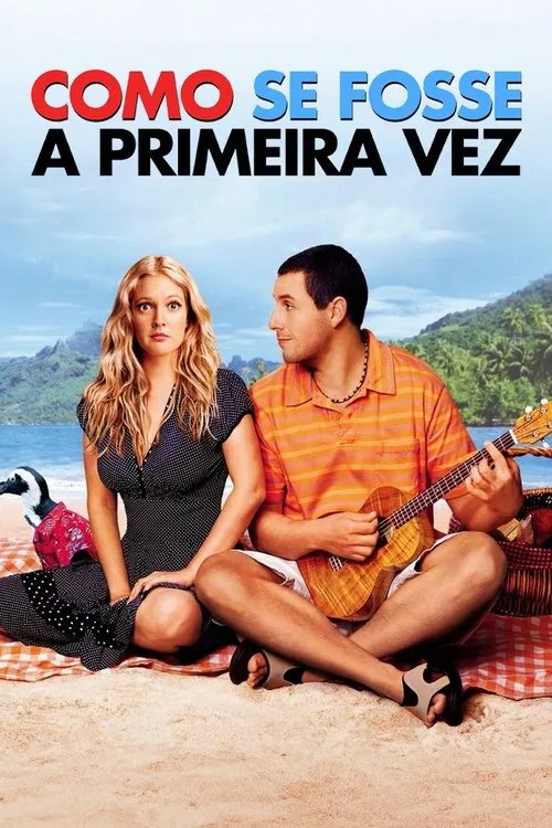 Como Se Fosse a Primeira Vez 1 Casal em piquenique na praia tropical. Ela está surpresa,ele toca ukulele olhando para ela,com um pinguim na toalha.