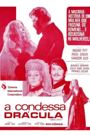 Pôster em vermelho e branco com figuras dramáticas. Um homem encara uma mulher, um casal em trajes de época e uma mulher em vestido longo e fluído.