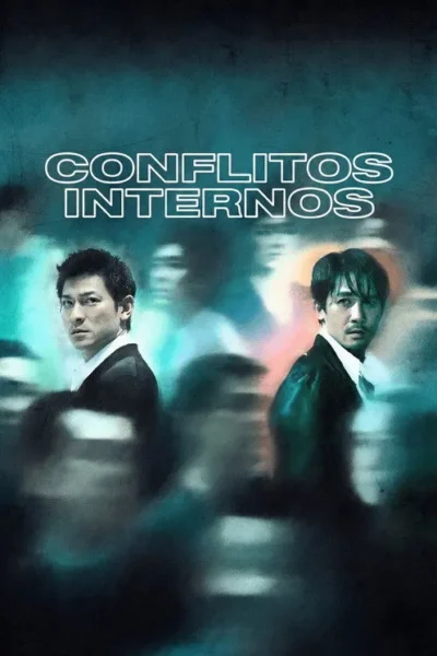 Pôster com dois homens asiáticos sérios em ternos, um de cada lado, sobre fundo borrado e escuro com tons azuis e rosas. Clima tenso.