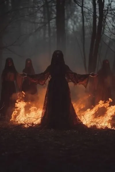 Cinco figuras escuras e encapuzadas realizam um ritual com fogo em um bosque nebuloso e sombrio.