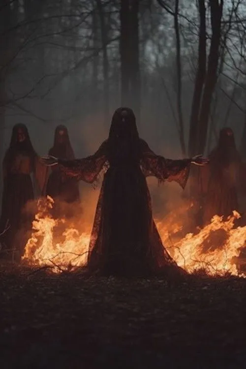 Conjuring the Cult 1 Cinco figuras escuras e encapuzadas realizam um ritual com fogo em um bosque nebuloso e sombrio.