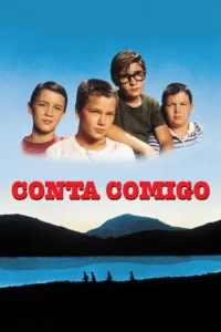 Pôster com 4 meninos no topo contra céu azul. Abaixo,montanhas escuras,um lago e silhuetas de 4 meninos à beira da água.