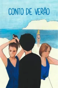 Ilustração de praia ensolarada com 4 pessoas. Homem de costas, 3 mulheres em diferentes poses. Clima de verão pensativo.