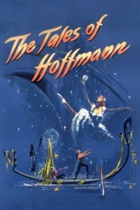 Pôster azul noturno. Bailarina flutua entre estrelas. Gôndola com figuras fantásticas e outra dançarina na água. Clima mágico e teatral.
