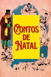 Pôster estilo ilustração com homem de casaco e cartola,rodeado por figuras monocromáticas de cenas dramáticas e festivas vitorianas.