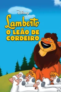 Leão animado e sorridente com juba marrom,sentado entre ovelhas brancas em um campo verde sob céu azul. Clima gentil.