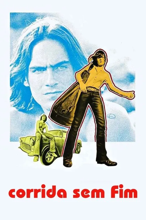 Composição azul e branca com um jovem de cabelo comprido. Ele é visto com olhar sério,pedindo carona e sentado em um carro clássico.