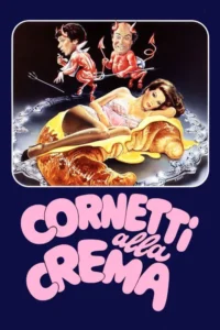 Mulher deitada em grande croissant com creme. Dois diabinhos com tridentes pairam. Clima cômico,divertido.