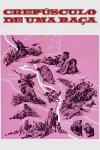 Pôster estilo mapa rosa mostra o Velho Oeste:cenas de batalha,fuga e sofrimento de indígenas,culminando em tensos encontros com colonos.