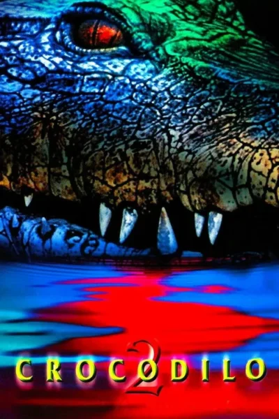 Close-up de um réptil gigante, com olho vermelho e dentes afiados, emergindo de água azul com manchas vermelhas. Clima tenso.