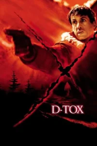 Pôster em tons de vermelho intenso. Um homem com arma e casaco de inverno parece aflito. Cenário rachado em X,revelando floresta escura com figura distante.