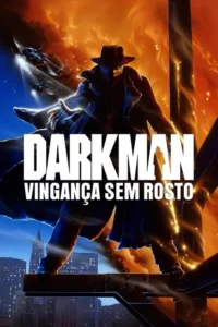 Homem de sobretudo e chapéu em telhado. Cidade azul-escura com helicópteros, céu laranja-fogo. Atmosfera sombria e intensa.