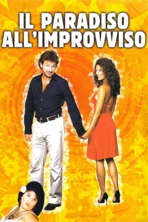 Homem sorridente e mulher de vestido vermelho de mãos dadas. Fundo laranja ensolarado com padrões florais. Uma mulher no canto.