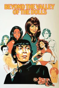 Ilustração vibrante estilo pop art com um elenco diverso dos anos 70. Um homem central rodeado por mulheres glamourosas e outros personagens.
