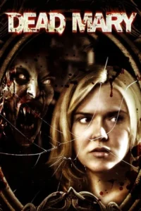 Pôster de terror com uma mulher loira assustada e um monstro pálido com presas e olhos brilhantes,refletidos num espelho quebrado e ensanguentado.