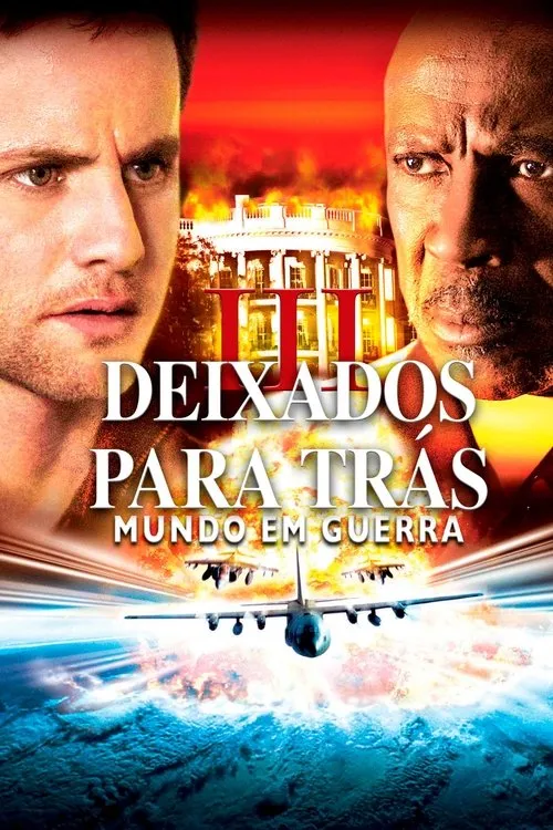 Dois homens sérios, um jovem e um mais velho. Ao fundo, a Casa Branca em chamas. Aviões militares voam sobre a Terra com explosões no céu.