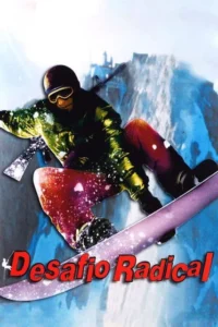 Um snowboarder salta sobre montanhas nevadas,vestindo equipamento de inverno e com um rifle nas costas. Clima de ação e aventura.