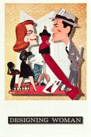 Ilustração de uma designer ruiva com tesoura e um repórter de chapéu se encarando. Um vestido vermelho em manequim os separa em um atelier, clima cômico.