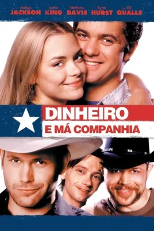 Pôster: um casal feliz abraçado no topo. Abaixo, três homens sorridentes, dois de chapéu de cowboy. Ambiente romântico e divertido.