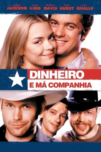 Pôster: um casal feliz abraçado no topo. Abaixo, três homens sorridentes, dois de chapéu de cowboy. Ambiente romântico e divertido.