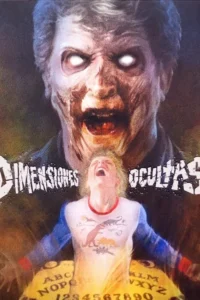 Pôster de horror:Zumbi com olhos brilhantes e boca aberta sobre um jovem loiro gritando,com os braços abertos sobre um tabuleiro Ouija.