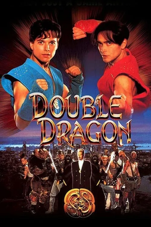 Double Dragon 1 Pôster vibrante. Dois homens em poses de luta (azul/vermelho) acima de um elenco diverso e uma cidade futurista noturna.