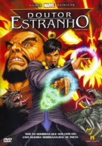 Pôster animado:feiticeiro barbudo conjura magia. Atrás,gigante,lobo e monstro. Fundo místico flamejante. Clima sobrenatural intenso.