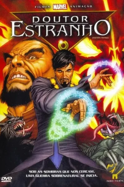 Pôster animado: feiticeiro barbudo conjura magia. Atrás, gigante, lobo e monstro. Fundo místico flamejante. Clima sobrenatural intenso.