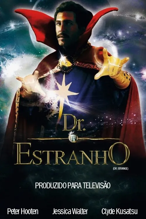 Homem de bigode em capa vermelha e luvas douradas emite energia das mãos, sobre fundo cósmico estrelado. Clima místico.