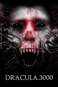 Rosto esquelético e cibernético com olhos vermelhos brilhantes e presas afiadas. Tubos e circuitos em um ambiente sombrio de horror futurista.
