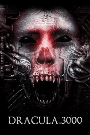 Rosto esquelético e cibernético com olhos vermelhos brilhantes e presas afiadas. Tubos e circuitos em um ambiente sombrio de horror futurista.