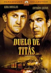 Pôster estilo faroeste com dois homens de chapéu e expressões sérias. Um trem a vapor correndo na parte inferior. Tom dramático.