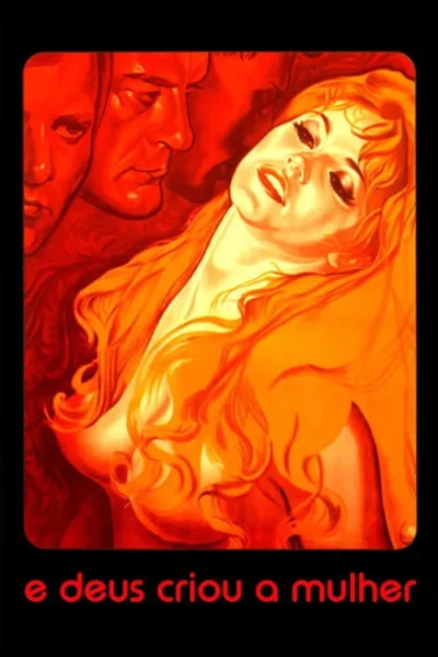 Pôster com mulher de cabelos esvoaçantes, busto à mostra e olhar extasiado, em tons de laranja e vermelho, observada por homens sombrios.