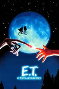 Noite estrelada com lua azul. Bicicleta com duas figuras em silhueta voa. Mãos, humana e alienígena, se tocam com brilho mágico.