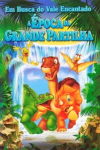 Pôster animado. Cinco dinossauros felizes, incluindo um long-neck e um tricerátops, brincam em uma cachoeira tropical exuberante.