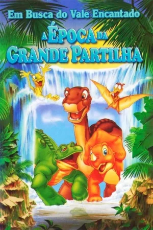 Pôster animado. Cinco dinossauros felizes, incluindo um long-neck e um tricerátops, brincam em uma cachoeira tropical exuberante.