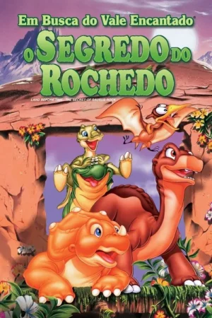 Grupo de cinco dinossauros animados e amigáveis em um vale rochoso e florido, com montanhas ao fundo. Clima alegre e de aventura.