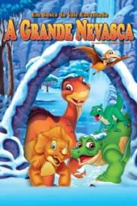 Dinossauros animados em pôster invernal: um pescoçudo laranja sorri, com um triceratops. À direita, dois dinos verdes na neve. Pterodáctilo voa acima.