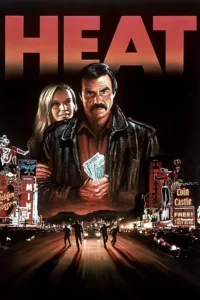 Homem de bigode com dinheiro e mulher atrás, sobre cidade neon. Abaixo, quatro silhuetas correm por rua iluminada à noite, clima de ação.
