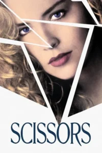 Rosto de mulher loira com olhos azuis,dividido por formas geométricas brancas,transmitindo intriga e suspense.